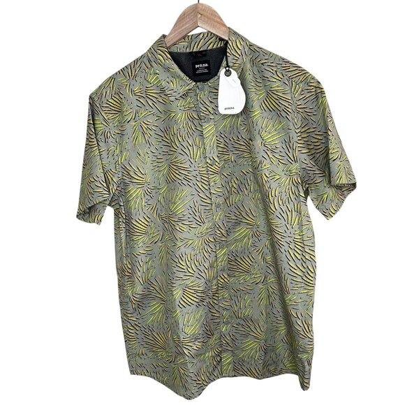 Prana Mens Lost Sol Printed Juniper Green Fronds Short Sleeve Button Down Shirt - Picture 1 of 12